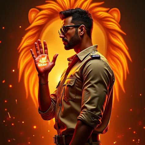 side profile image of A hyper-detailed Bollywood movie poster focusing on a muscular Indian cop with an unbuttoned khaki shirt. He extends his palm toward the viewer, showcasing clear palm lines that glow with Bal, Buddhi, and Bhav written in Devnagari. Hi...