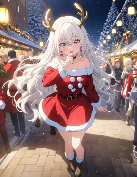 8k,， winter, Look at the audience, Santa Cos Shirt ,beautiful skin    ,   Glitter Jewel Earrings   ,     Shiny Gold Long Hair   ,    beautiful eyes,model,    Full Body ,,,HD,8k,Anime, 1 female,    long white hair,White hair,Christmas Day