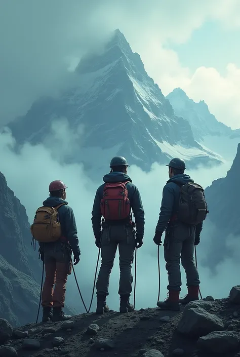 a book cover with a slightly spooky mountain background, 2 female climbers and 1 male climber looking towards the mountain 