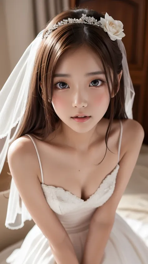  wedding dress,A very young beautiful girl,Very slim body,Brown Hair,Correct human body, detailed eyes, detailed face , very beautiful face, very cute face , sexy lips, beautiful skin, evenly balanced eyes,Droopy eyes, Very Embarrassing Face , Sexual Clima...