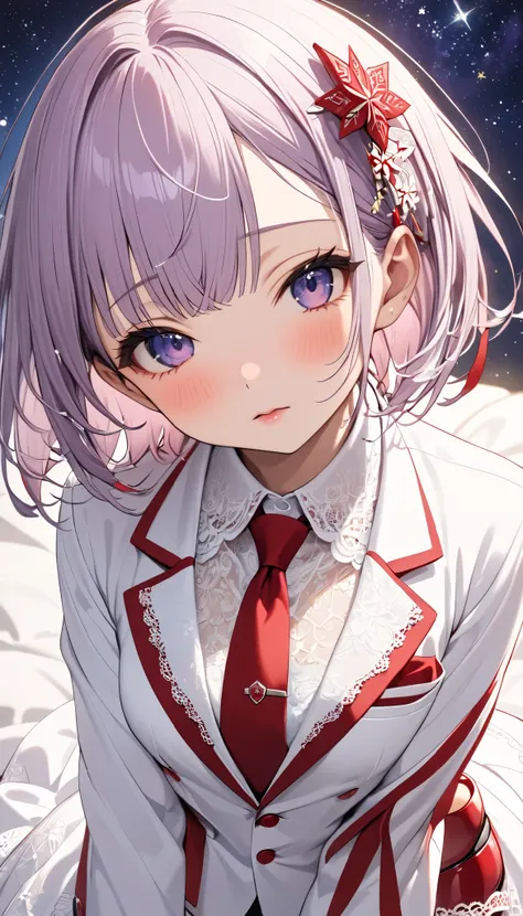 (( purple short bob hair )), (( cute red and white blazer、 white shirt、 red tie 、cute tie clip 、 red hake it、 delicate white lace decoration 、 red pumps 、White hair ornament)),    top quality ,  very detailed, (half-closed eyes, sexual meanings)（Height: 16...