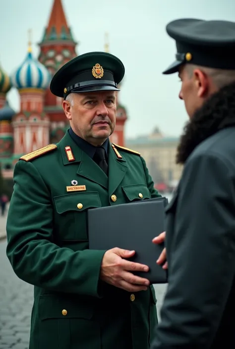 Ukranian politic Danil Getmantsev wears russian FSB uniform near Kremlin and receives a secret folder from a person