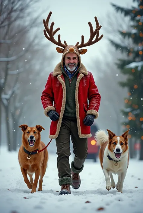 Prime Minister António Costa dressed as a reindeer walking his dogs 