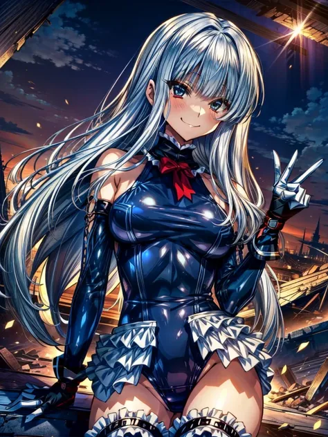  Perfect Anatomy,  top quality , , wicked smile,Provocative attitude, perfect finger,
,(The girls look down from the top of a pile of rubble:1.1), Evil Smiles , ANIME STYLE,(Frilled swimsuit, Thighs, Sleeveless), ( ANIME STYLE:1.4) ,
 Silver Hair,(white fi...