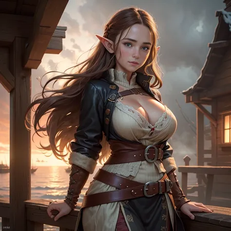 A beautiful village girl with a gentle smile, ((best quality))) (((HD))) (((8k))) (character) 20-year-old girl,((adventurous)) elf, ((beautiful)), ((brown hair)) and ((very long hair)), voluptuous and Chunky Design, very large breasts,  wide hips,  (PIRATE...