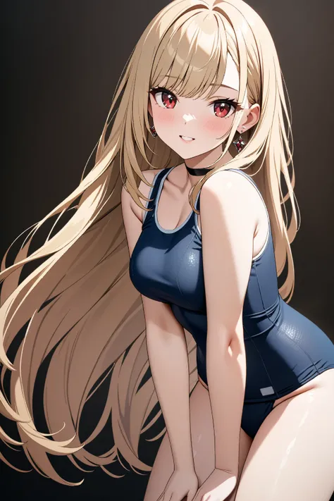  school swimsuit, ( Japanese anime style),  cute, masterpiece:1.5, masterpiece, highest quality, Kitagawa Marin, 1girl,  cowboy shot , blonde hair, long hair, multicolored hair, red eyes, jewelry, earrings, piercing, black choker, UHD, retina, masterpiece,...