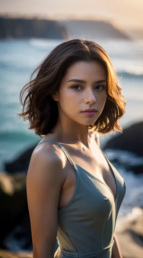 ( Sharp Focus:1.2), photograph,  Attractive Young Woman , ( beautiful faces:1.1),  detail eyes, Seductive lips, ( smokey eye makeup :0.85), ( medium breasts:1.0), ( Athletic Body :1.2), ( wave hair:1.2), wear ( Maxi Dress :1.2) To (Cliff Side:1.2). ( moody...