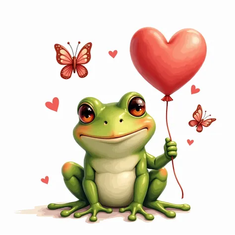 A cute Frog holding a love shape balloon Clipart, valentine vibe, cute eyes, smiley face, butterflies all around, highly detailed, outline, on white background, 