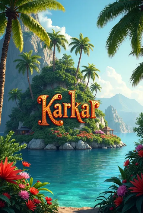 Word Karkar on a beautiful island surrounded by colourful trees and flowers 