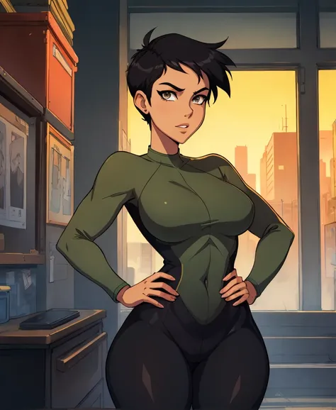 score_9, score_8_up, score_7_up, score_6_up, Lois Lane, wearing a all olive green tight soldier bodysuit outfit, black leggings, short breasts, one hand on hip, perfect anatomy very short black hair, tomboyish hairstyle, grey eyes, juicy lips, sexy lips, p...