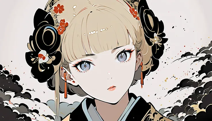 Ink painting, ((( 1 girl))), ((())), ((( shiny blonde gray ))), ((( Very Luxurious Kimono ))),  Japanese style headphones,  face close-up , Japanese Beauty,  black hair, Delicate and precise,  modern ukiyo-e style