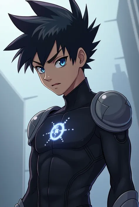 Eron is a young, athletic character with a determined yet introspective expression. He has short, spiky dark hair, with subtle highlights that shimmer faintly under light, symbolizing his latent power. His eyes are a striking mix of deep blue and silver, r...