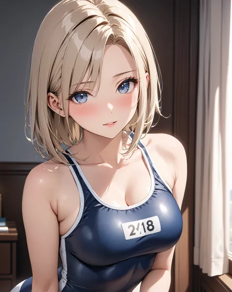  school swimsuit,  cute, ( Android １８Number), Married Woman, Alluring, blush,  cowboy shot , masterpiece:1.5, masterpiece, highest quality, UHD, retina, masterpiece, accurate anatomy, super detailed, high quality, best quality, 8k