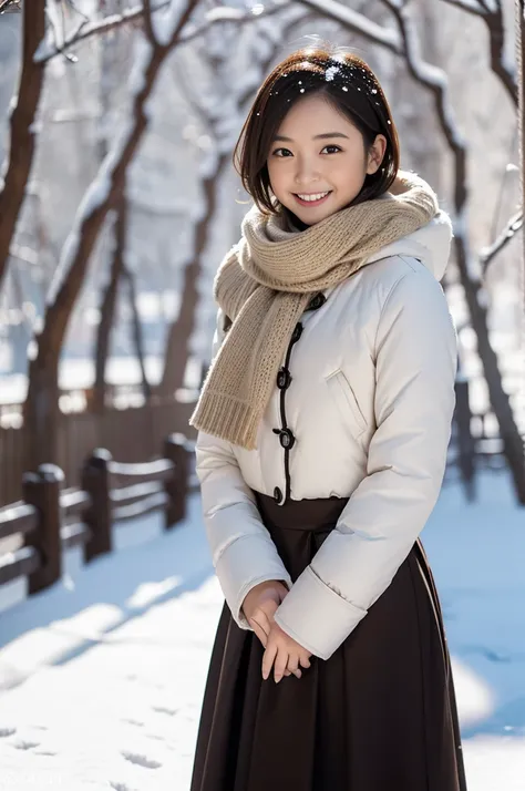 (8k, RAW photo, photorealistic, HQ, masterpiece), a cute Japanese girl,(glowing eyes), 
(laugh ), brown hair, fluffy Pixie Bob hair, large breasts, (Stylish winter outfits, Scarf, coat, long skirt), 
standing pose, Seductive pose, (Snow continuing to fall:...