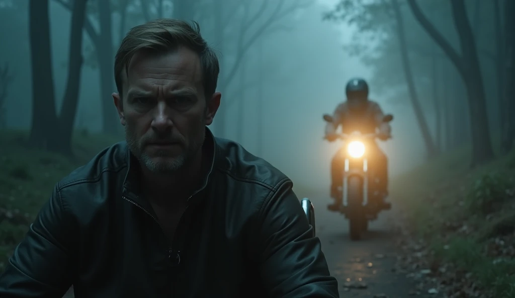 "A close-up of the man in the wheelchair, his face partially lit by the faint glow of motorcycle headlights through the misty forest. His expression is tense and determined, highlighting the emotional weight of the moment. The thick fog swirls around him, ...