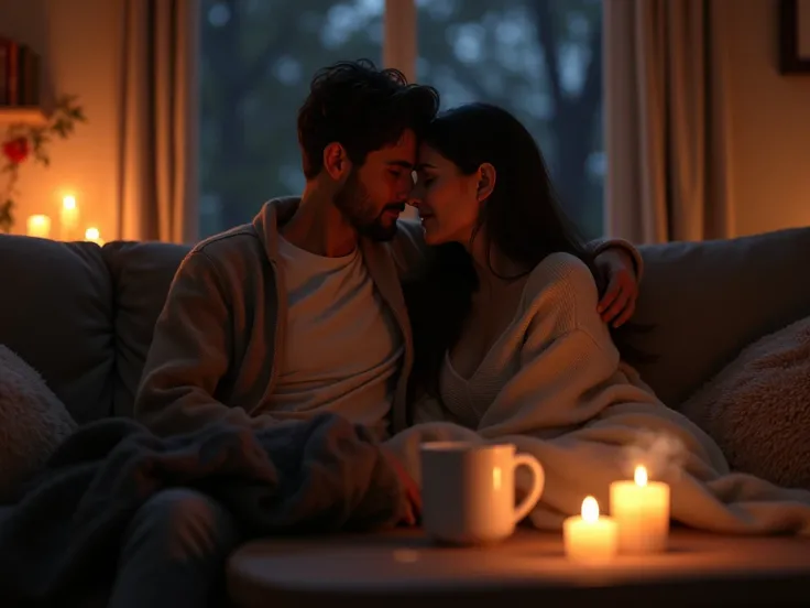 An adult couple at night without lights with candles and blankets and hot chocolate on the sofa in the living room