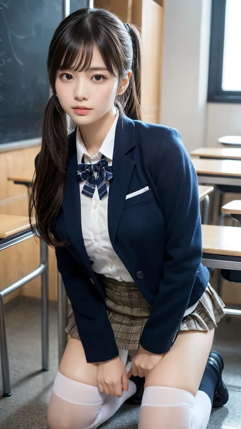 masterpiece, best quality, illustration, Super detailed, fine details, High resolution, 8K,wall paper, perfect dynamic composition,(Details High quality, realistic depiction of eyes:1.3), High School Classroom、High school girl uniform、blazer 、Super Short C...