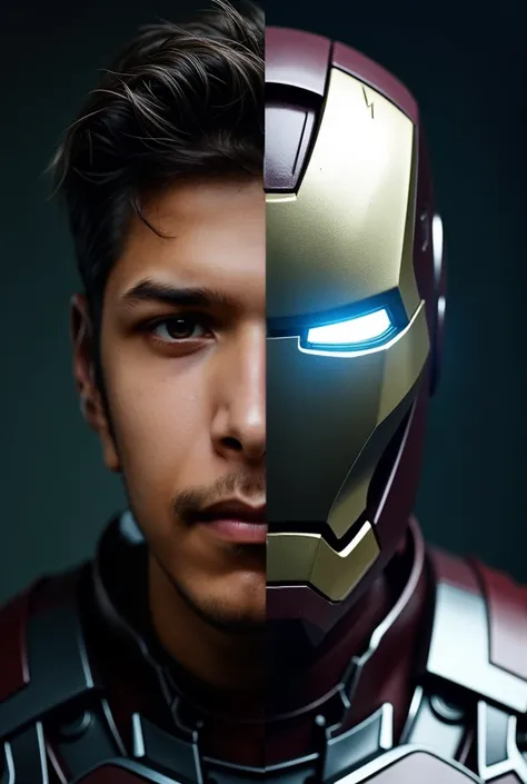 Picture of half face of Robert Downey junior and half face of iron man suit 