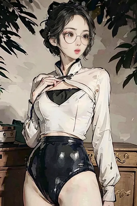 (masterpiece, highest quality), 1 girl, beautiful face, beautiful body,  wearing a Black gymnastics bloomers, High leg、white blouse,    cowboy shot、Are standing、full body portrait、alone, complex details, enlarged textures, complex details, finely detailed ...