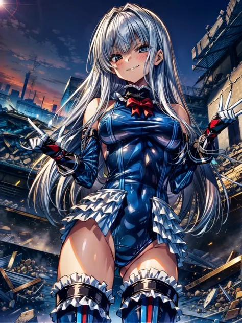  Perfect Anatomy,  top quality , , wicked smile,Provocative attitude, perfect finger,
,(The girls stand on a pile of rubble and look down:1.4), Evil Smiles , ANIME STYLE,(Frilled swimsuit, Thighs, Sleeveless), ( ANIME STYLE:1.4) ,
 Silver Hair,(white finge...