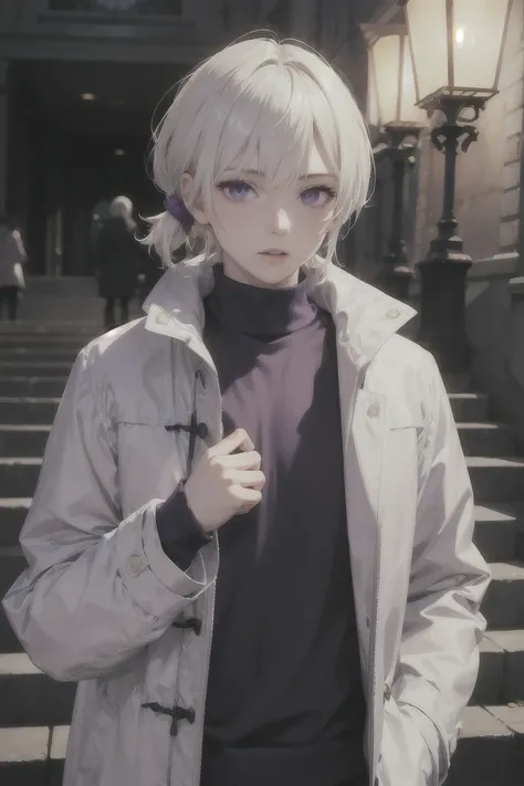 Platinum blonde hair, purple eyes,man, vampire,light purple knit, short hair with hair tied in a row,Light off-white long coat ,Top shot 