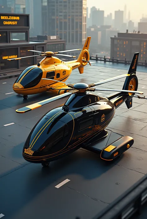  Heliport with two helicopters one gold with stripes and propellers in black,  the other color black with golden propellers , both named Beelzebub  