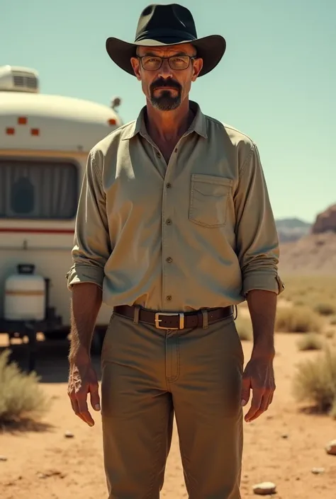  I want to generate Walter White from Breaking Bad in front of his trailer in the desert, I want in the realistic style of the series with the same color palette 