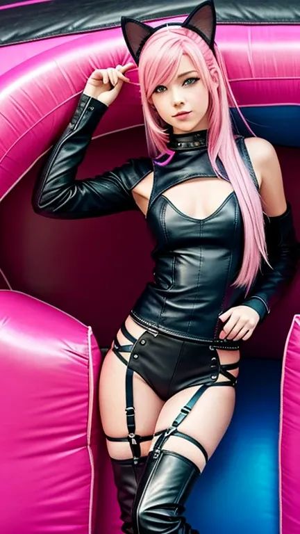  teen with pink hair, Slim model,  leather top , Faltenrock leder,  leather arm warmer blue ,  knee-high leather boots, Cat ears, bouncy castle  
