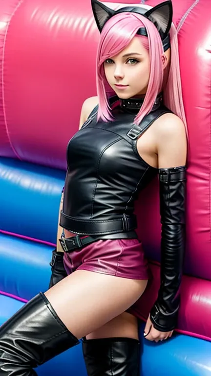  teen with pink hair, Slim model,  leather top , Faltenrock leder,  leather arm warmer blue ,  knee-high leather boots, Cat ears, bouncy castle  
