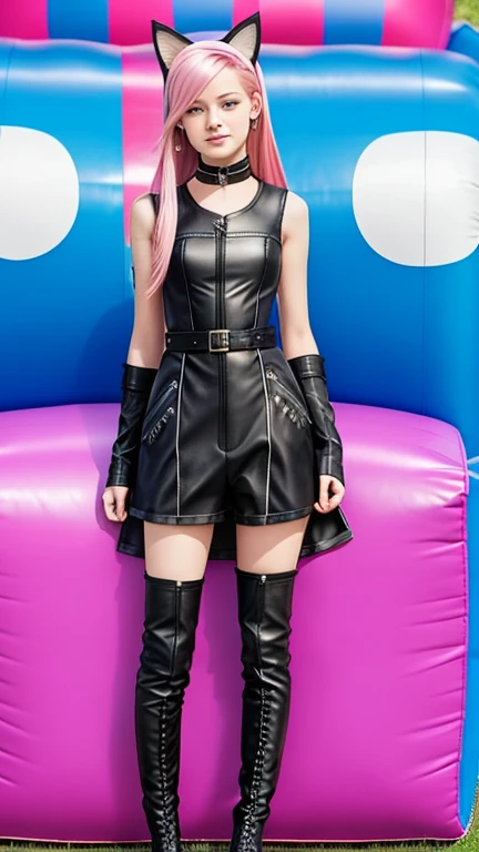  teen with pink hair, Slim model,  leather top , Faltenrock leder,  leather arm warmer blue ,  knee-high leather boots, Cat ears, bouncy castle  
