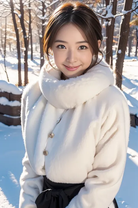 (8k, RAW photo, photorealistic, HQ, masterpiece), a cute Japanese girl,(glowing eyes), 
(laugh ), brown hair, fluffy Pixie Bob hair, large breasts, (Stylish winter outfits, Scarf, coat, long skirt), 
standing pose, Seductive pose, (Snow continuing to fall:...