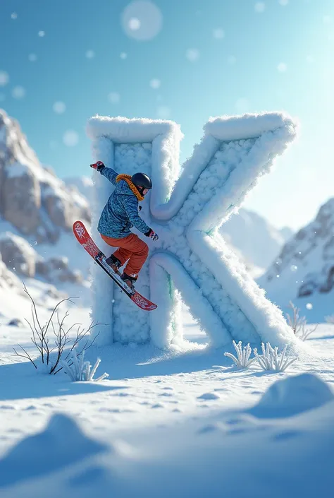 The letter K on ice with a snowboarder in the background