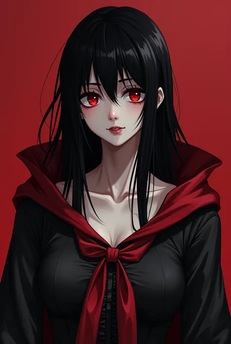 a vampire woman, your skin is pale, your eyes are red,  her hair is black like a dense night ,  she has extremely sharp fangs ,  she wears a garment tied with a reddish black cape make her in the realistic style of Shingeki no Kyojin 