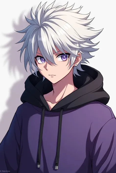 anime guy with white hair and purple hoodie with black hood