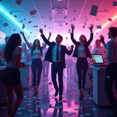 An energetic and chaotic office environment transformed into a vibrant party scene. Employees in formal attire are dancing, with papers flying in the air like confetti. A photocopier flashes colorful lights like a strobe, a coffee pot pours neon-colored dr...