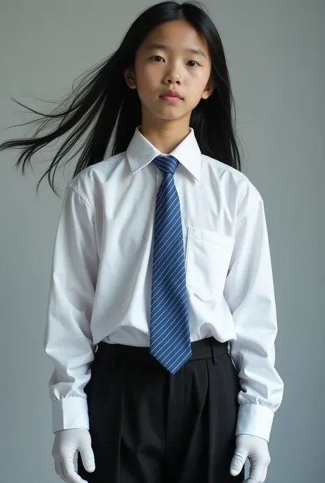 Live Action Pre teen asian boy with Long Flowing Black hair, Wearing a Baggy, Long Sleeved White dress Shirt and Blue striped tie with the sleeves covering the palms With Long White Cotton Dress Gloves and Baggy Black Dress Pants 