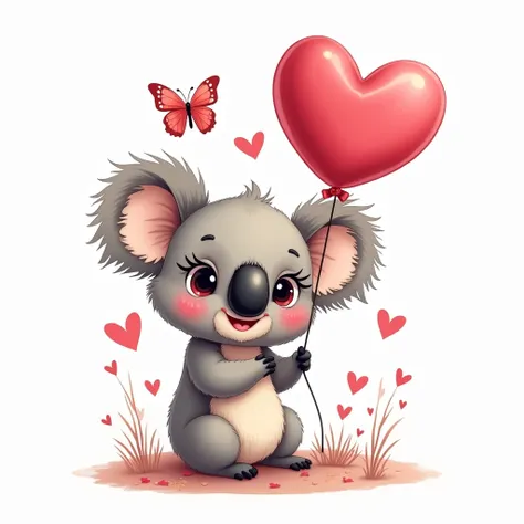 A cute koala holding a love shape balloon Clipart, valentine vibe, cute eyes, smiley face, butterflies all around, highly detailed, outline, on white background, 