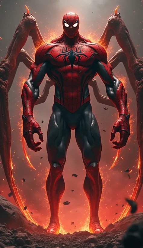 create 32k ultra-detailed massive hybrid creature with a muscular, untamable build. The creature fuses traits of Spiderman and Naruto in a terrifying dark fantasy aesthetic. Its dominant form resembles Spidermans agile and lean build, covered in deep red a...