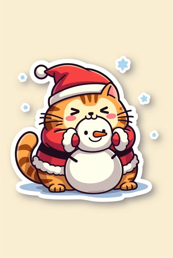 Cute cartoon japanese kawaii Fat cat striped gourami, Sticker style, smile face, wear red santa hat, wear santacause costume , hug snowman with snow, light background,