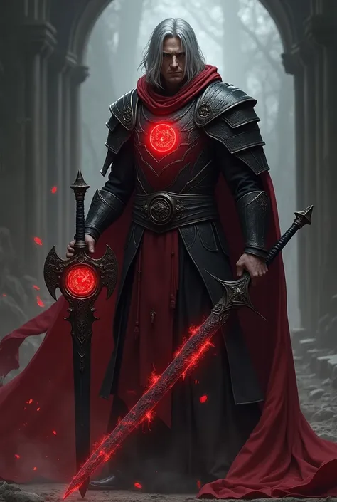 Shoulder length gray hair male grayish eyes red circle of energy on chest black red chest plate armor black sword round glass orb on handle red energy flowing inside 