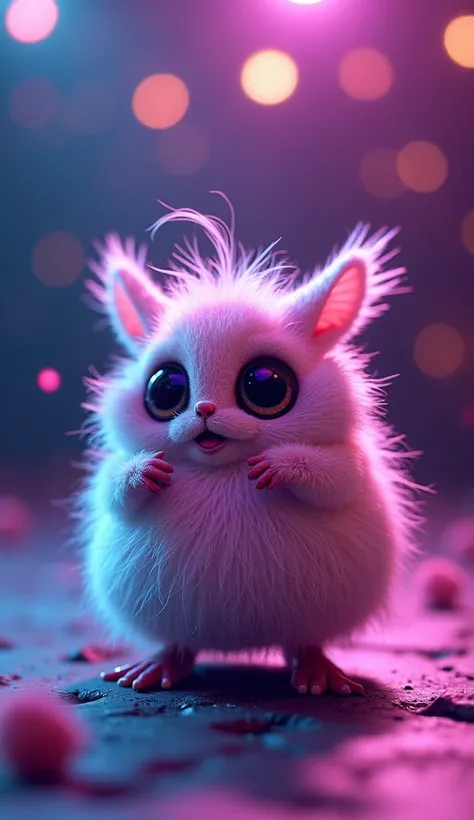 Imagine a tiny, fluffy creature called the "Disco Bouncer." This organism is about the size of a soft marble, covered in iridescent fur that shimmers in vibrant hues of pink, blue, and purple under the flashing club lights. Its round body is somewhat bounc...