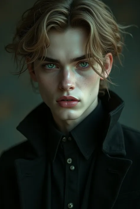 18-year-old vampire boy,  green eyes,  light brown hair,   Thick lips, inviting,  with mysterious air , dark and elegant clothes  