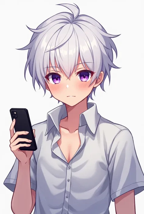 White-haired, purple-eyed anime boy raising his shirt with a blushed mouth with a mobile phone in one hand full body 