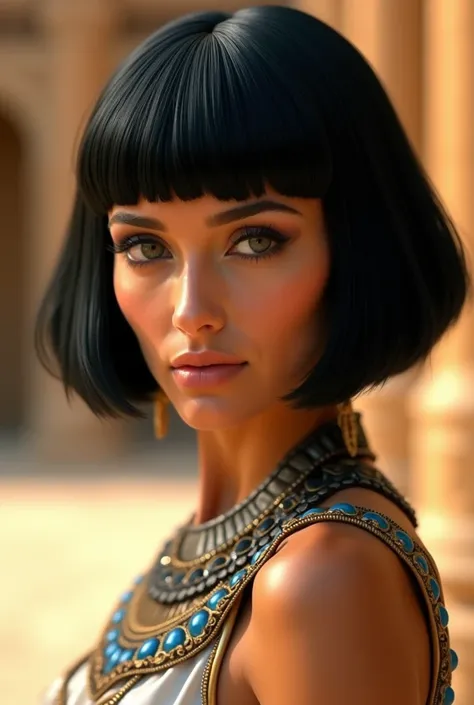  Cleopatra photo with natural skin , Thick, short black hair,  eyes sharp with blue eyeshadow. , A sharp and upturned nose,  pretty lips ,  hourglass shape , General clothing, and makeup,  with detailed massively simulated detail., bright, Epic, smooth, mo...