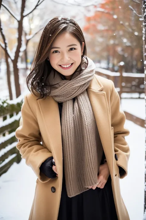 (8k, RAW photo, photorealistic, HQ, masterpiece), a cute Japanese girl,(glowing eyes), 
(laugh ), brown hair, fluffy Pixie Bob hair, large breasts, (Stylish winter outfits, Scarf, coat, long skirt), 
standing pose, Seductive pose, (Snow continuing to fall:...