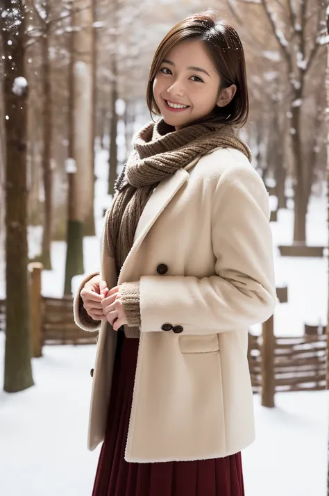 (8k, RAW photo, photorealistic, HQ, masterpiece), a cute Japanese girl,(glowing eyes), 
(laugh ), brown hair, fluffy Pixie Bob hair, large breasts, (Stylish winter outfits, Scarf, coat, long skirt), 
standing pose, Seductive pose, (Snow continuing to fall:...