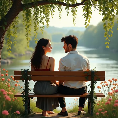 a beautiful young couple, sitting on a wooden bench with a panoramic view of a river and gently waving reeds and vines are intertwined with the benchs design, creating a romantic and serene atmosphere. The girl, with long dark brown hair, wears a light sum...