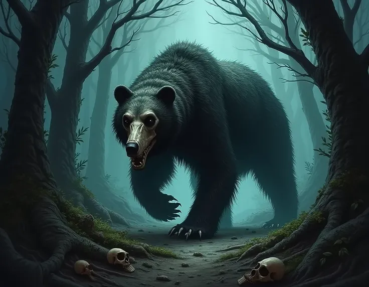 (Dark forest:1.2), (black bear:1.15), (animal skull head:1.3), (bone head:1.2), (undead [monster|bear] with animal skull head:1.1), (dark atmosphere:1.1), (painted art)