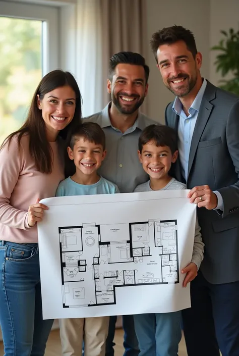  Create the image of a happy family that just conquered their own property on the floor plan, delivery scheduled for s ,  with the help of a real estate professional , a broker who is also an engineer and real estate appraiser.