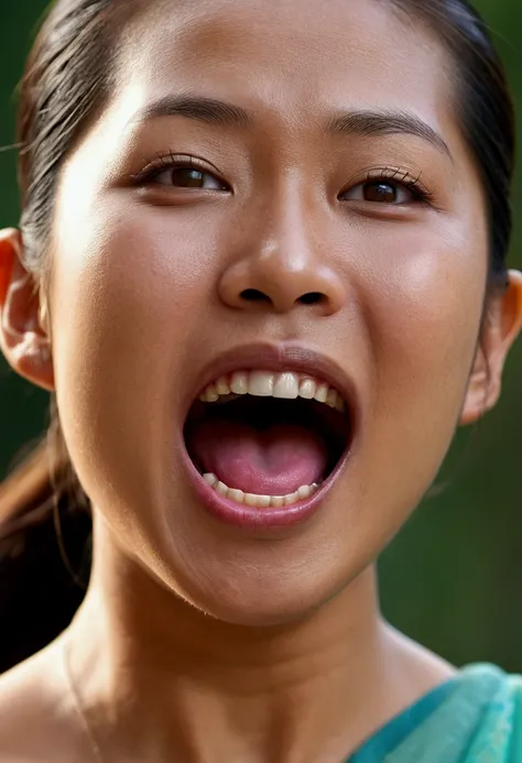 Ultra detailed photo of burmese woman, beautiful girl, highest quality realistic skin, eyes in focus, 40 years old, focus on mouth, open mouth, saliva, open mouth wide, inside of mouth visible, ponytail hair, mouth open wide, uvula visible, turn the face u...